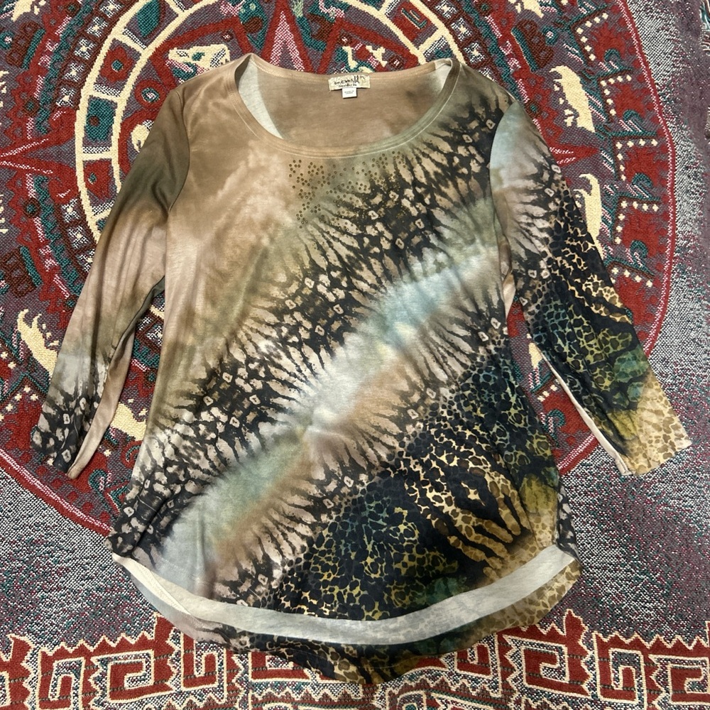 Free People Tan Brown Graphic 3/4 Sleeve Blouse